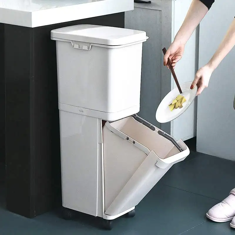 

Large Capacity 32L Trash Can Doubledeck Waste Sorting Bins Kitchen Dustbin Garbage Bucket With Wheels Garbage Bag Storage Holder