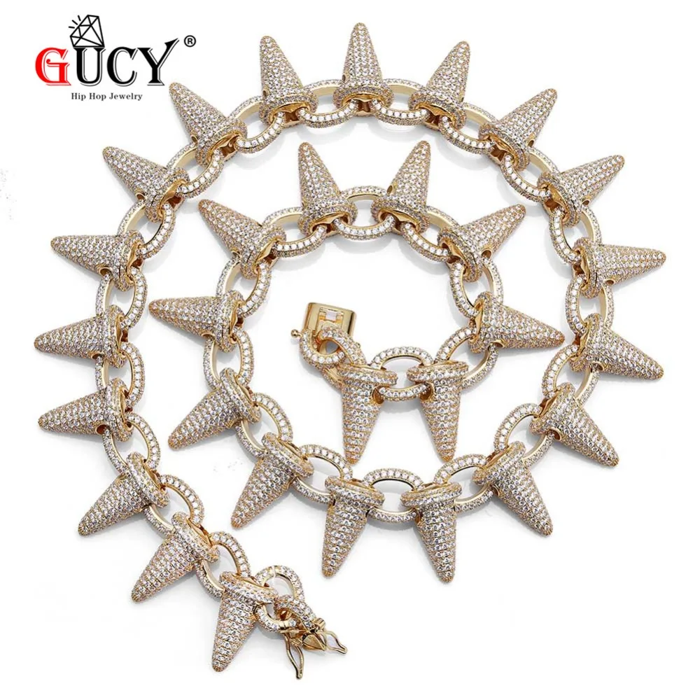 

GUCY Iced Out Heavy Punk Rivet Choker Bling Cubic Zircon Men's Hip hop Spikes Necklace Gold Silver Color Jewelry Chain 18" 22