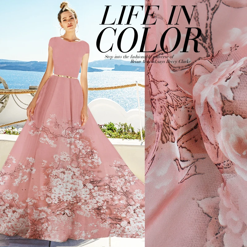 10 м/лот, чистый шелк, цветочный принт, ткань, натуральный шелк, шифон тутового дерева, цветочная ткань, сшитая для платья, тонкая ткань, розовый, сделай сам