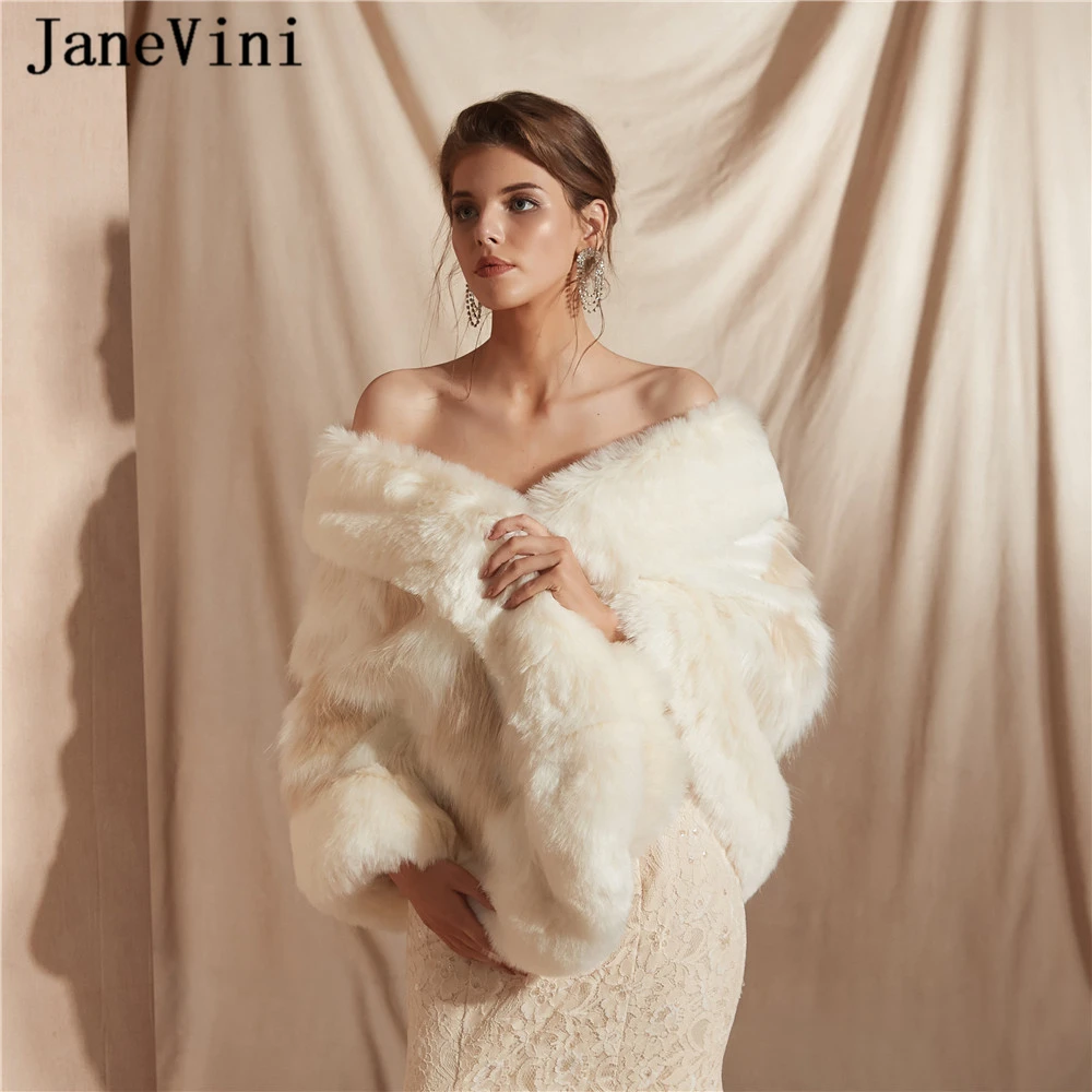 

JaneVini 2019 Elegant Winter Wedding Bolero Bridal Cloak Faux Fur Wraps and Shawls Soft Warm Evening Party Cape Fourure Mariage