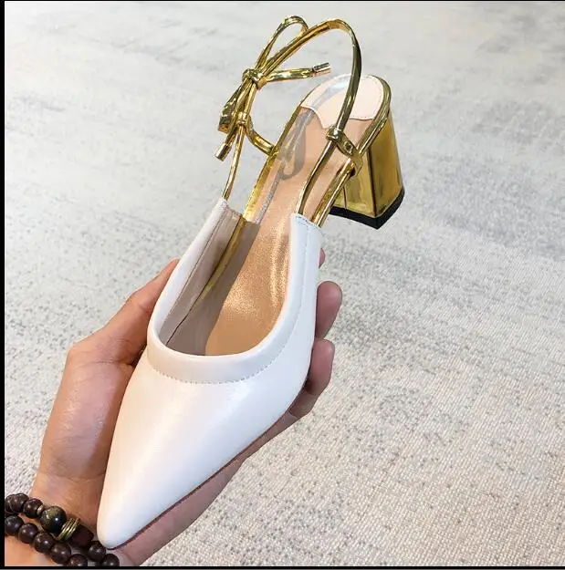 

One word with thick sandals female 2019 new Baotou bow white nude color stiletto single shoes female pointed high heels