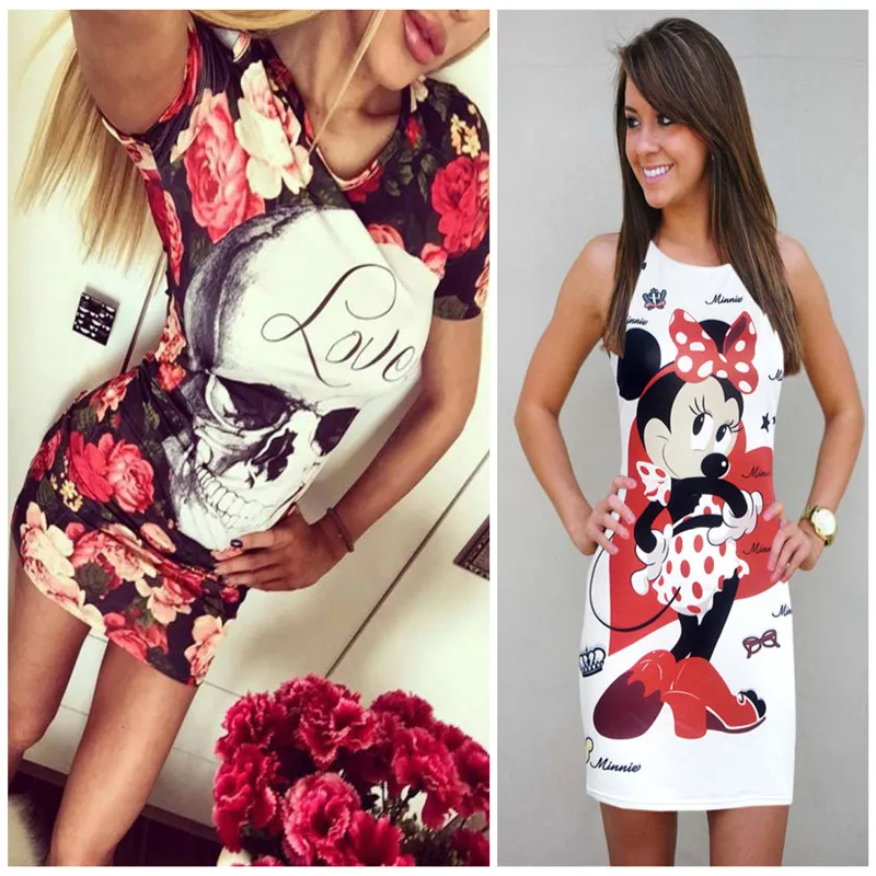 

2018 Minnie Mouse Cosplay Shantou Dress Fashion Lady Anime Print Dress Halloween Summer cotto Minnie Mouse Bag Hip Dress