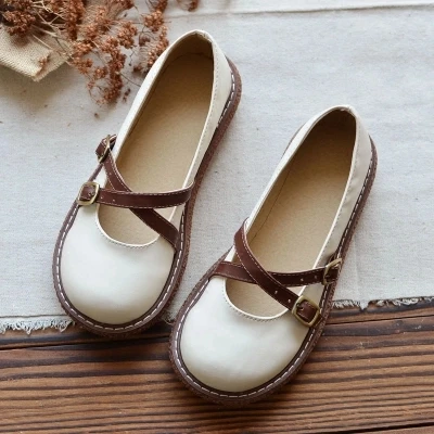 

2018 new literary retro compilation round head flat shoes female original handmade comfortable big shoes women