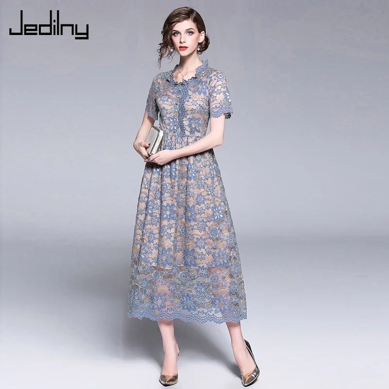 

Short Sleeve Lace Dress 2019 Summer Women O Neck Lace Hook Flower Slim Dress Elegant Party Dress Vestidos