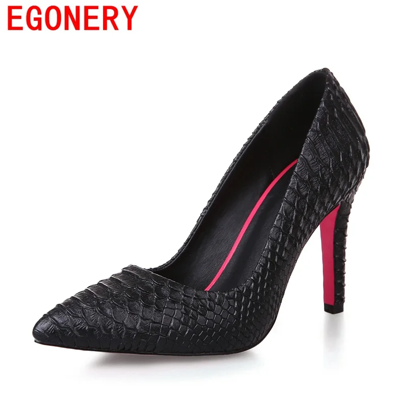 

EGONERY fashion skin pattern pumps high heels good quality spring summer pointed toe party sexy shoes elegant Snake women shoes