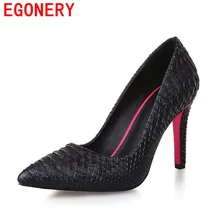 EGONERY fashion skin pattern pumps high heels good quality spring summer pointed toe party sexy shoes elegant Snake women shoes
