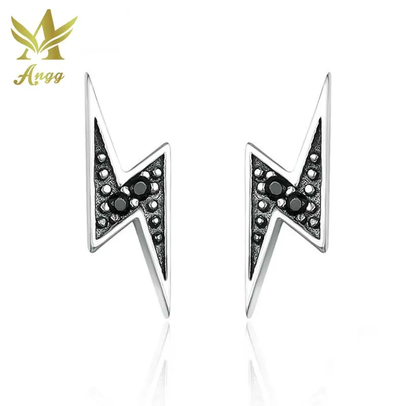 ANGG 925 Sterling Silver Lightning Earrings for Women With Black CZ