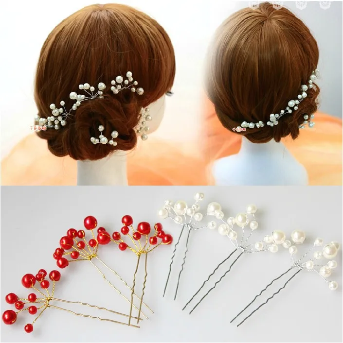 

White Pearl Red Flowers Hairpin Stick Wedding Women Bridal Crystal Flowers Hairpin U Shaped Hair Clip Hair Accessories