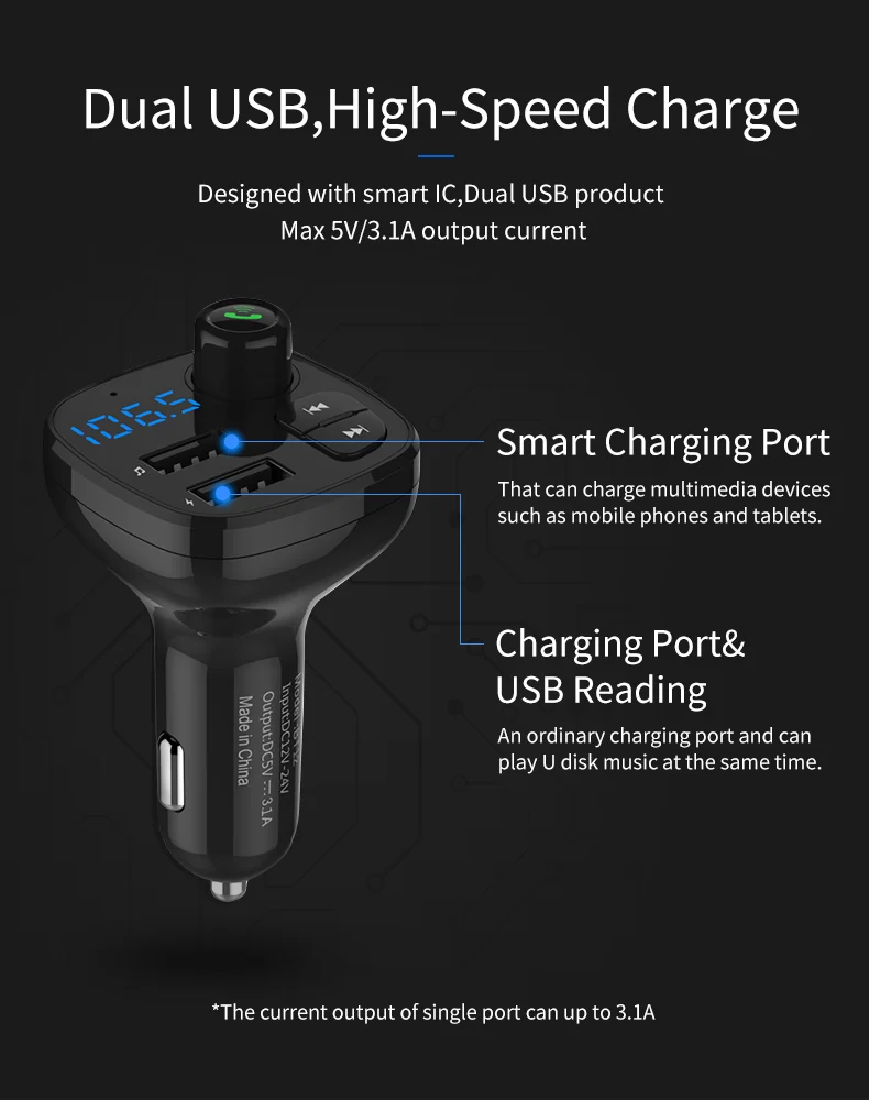 KORSEED FM-передатчик Модулятор 3.1A Dual USB зарядное устройство Bluetooth автомобильный комплект Аудио Музыка MP3-плеер Мобильный телефон