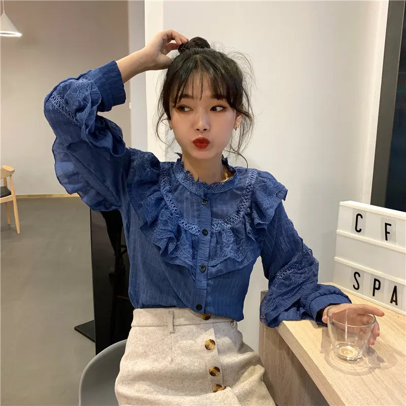  Hzirip 2019 Spring Summer Single Breasted Ruffles Fashion Long Sleeve Blouse O-Neck Lace Shirt Tops