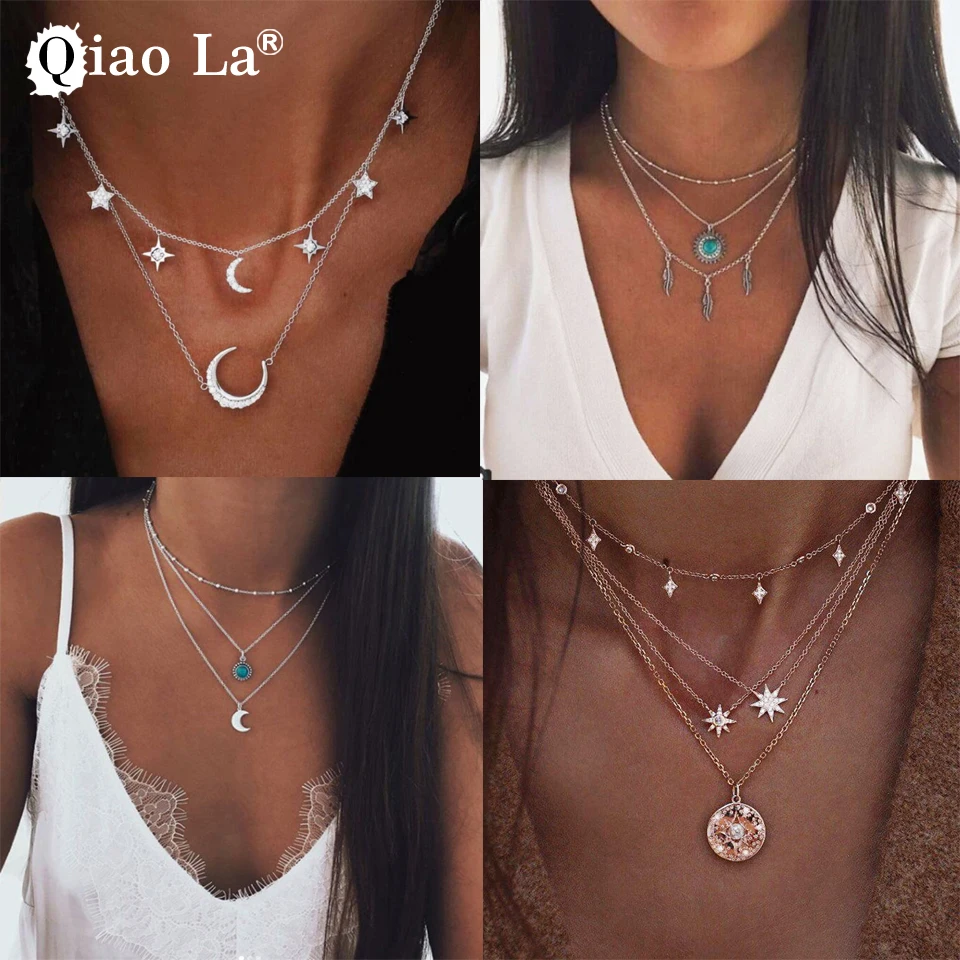 

Qiao La Trend Fashion Chokers Necklaces For Women Jewelry Alloy Gold Silver Small Pendant Necklace layer Woemn Necklace Jewelry