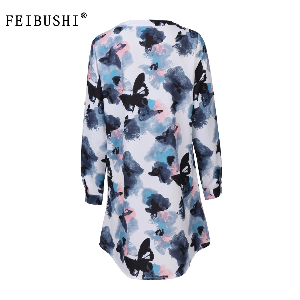 FEIBUSHI White Butterfly Flower Long Sleeve Blouse Summer Women Chiffon Blouse Floral Print Long Tops Shirts Plus Size 5033 