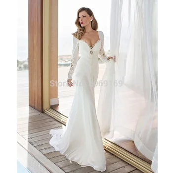 

Wedding Dress High Quality Mermaid Backless Bride Gown Chiffon Appliques Long Sleeve Deep V Neck Wedding Dresses