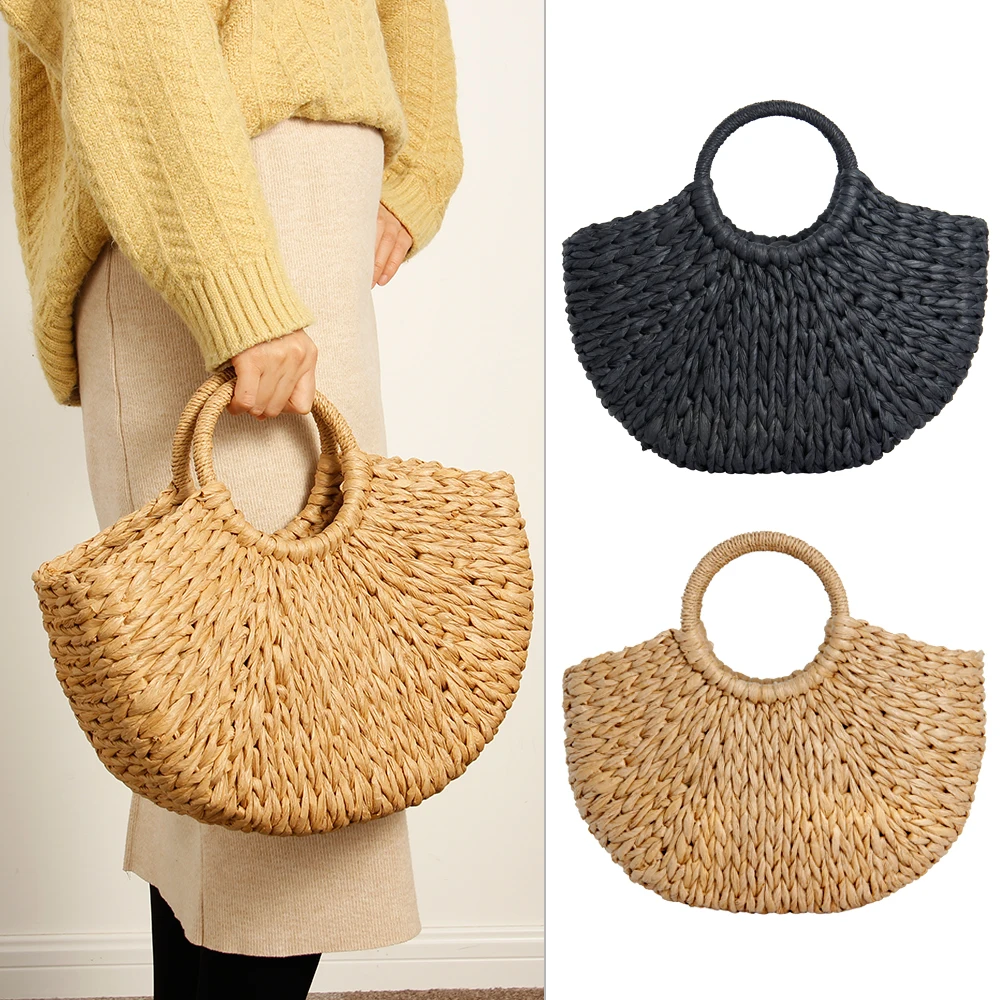 

2019 New Handmade Bag Women Pompon Beach Weaving Ladies Paper Straw Bag Wrapped Beach Bag Moon Shaped Bag