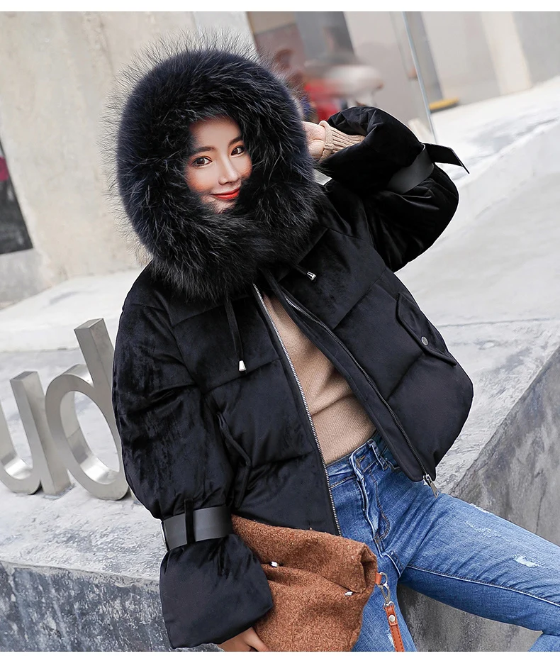 SNOW PINNACLE Autumn Winter short parkas jacket Pink flannel fabric big fur thick warm hooded jacket coat Styled fashion parka