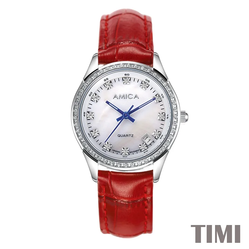 

AMICA NEW FASHION 2017 FULL STEEL DEEP RED WATCHBAND SLIVER SURFACE BLUE POINTER WOMENS QURATZ WATCH LADYS WATCH A7-3