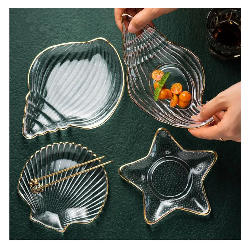 Glass Golden Ocean Conch Starfish Jewelry Dish Breakfast Steak Western Food Fruit Plates Storage Tray Decoration Crafts Gifts