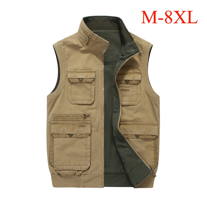 M 8XL big size men vest multi pockets both side wear waistcoat stand collar cotton cargo