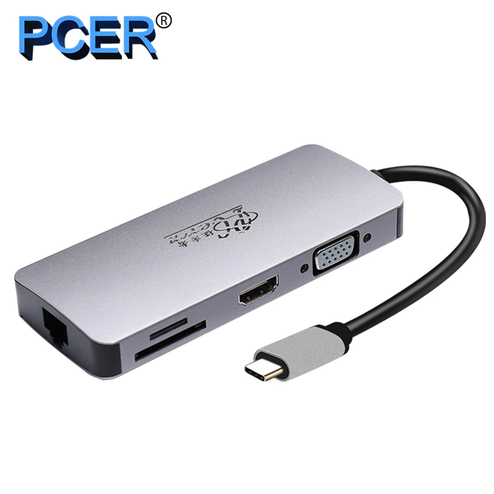 PCER USB C концентраторы адаптер док станция для ноутбука ключ к HDMI VGA PD SD TF карта
