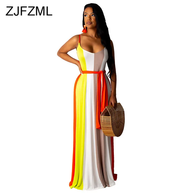 

Stripes Sexy Long Dress Women Backless Spaghetti Strap Loose Causal Dress with Belt Plus Size High Waist Summer Dress Vestidos