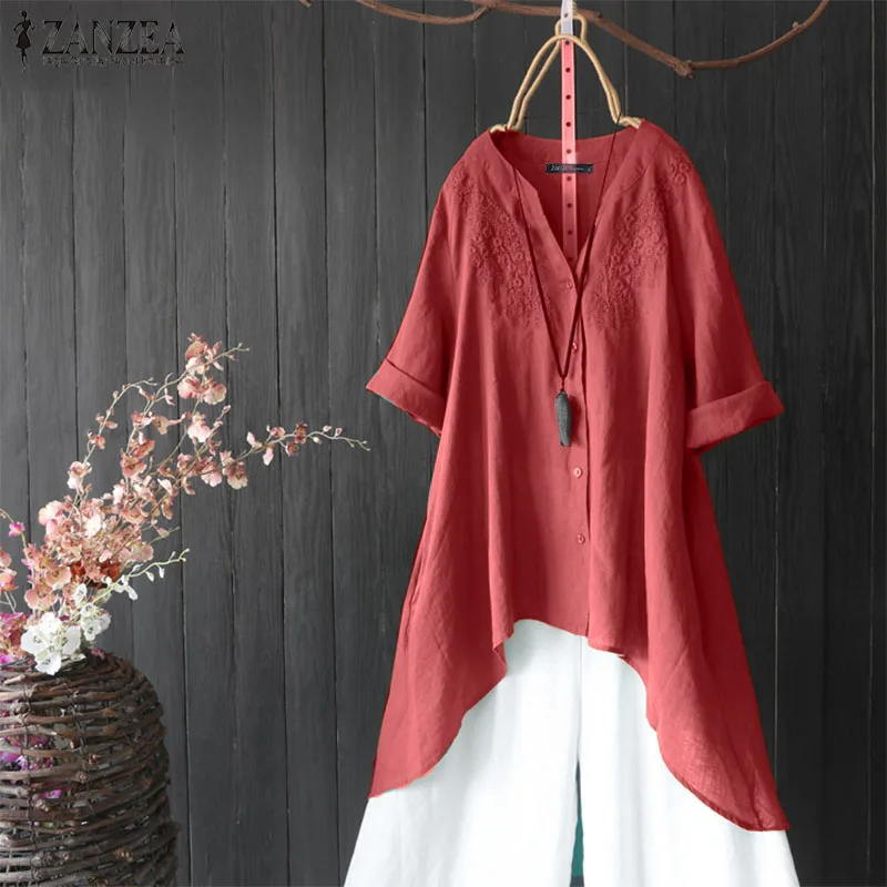 Autumn Embroidery Tops Women's Asymmetrical Blouse ZANZEA Vintage 3/4 Sleeve Shirts Female Button Solid Blusas Casual Tunic