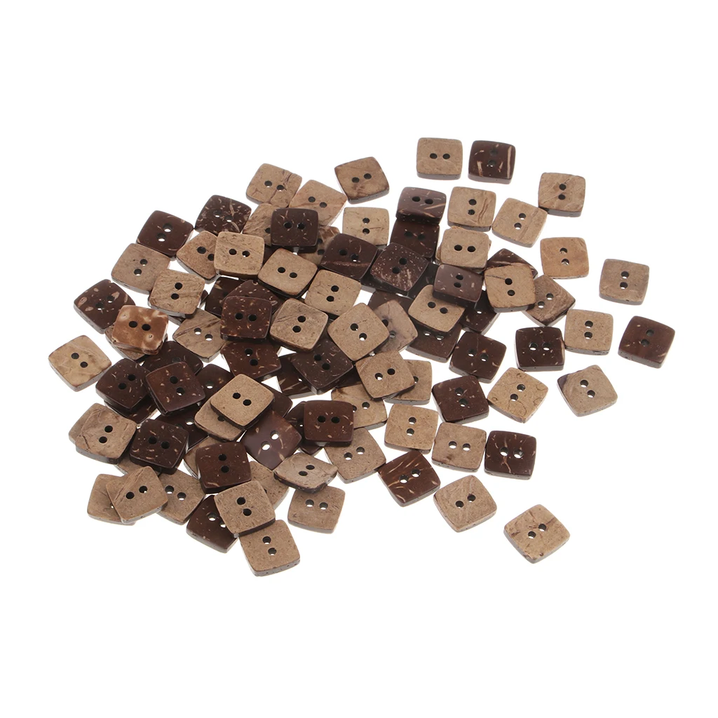 100pcs Square Shape Wooden Coconut Shell Buttons 2 Holes for DIY Sewing Craft
