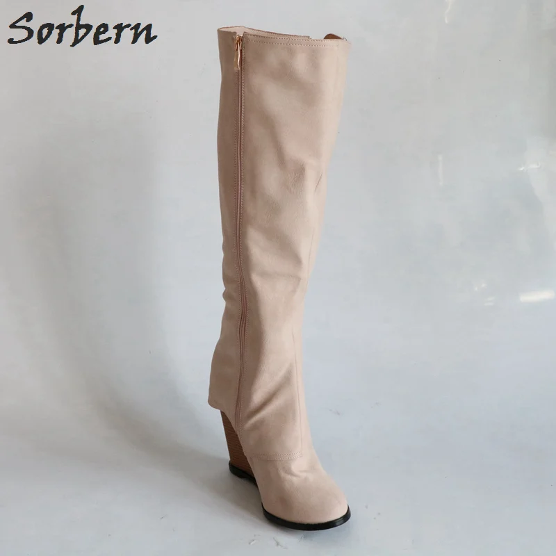 Rond Haute Genou custom Sorbern Talons Color À Couleur Designer Chaussures Chaussons Personnalisée Bout Wedge Femmes Hauts Khaki Hiver Bottes An11zp