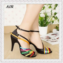 Three Buckles Satin Rainbow Latin Dance Shoes For Women High Heel Customized Dance Shoes Salsa Gray Shoes For Ballroom Dancing
