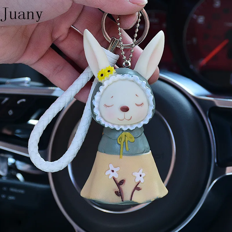 

cut cartoon key ring metal animal rabbit key ring leather rop keychain pompom key chain juany