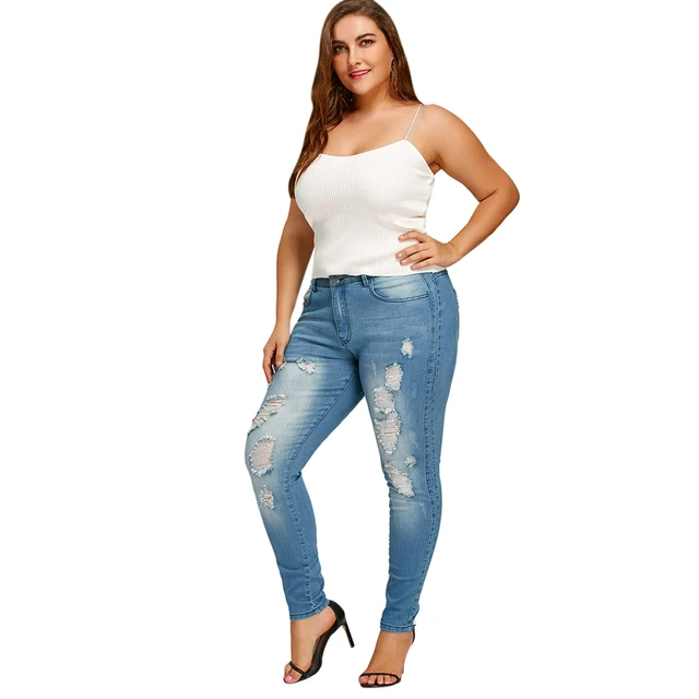 Slim Fitted Ripped  Female Casual Skinny Hole Pencil Denim Pants