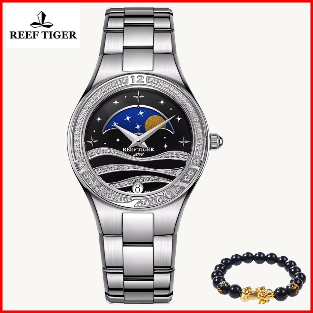 Reef Tiger модные женские часы бриллианты из нержавеющей стали, фаза Луны, водонепроницаемые кварцевые женские часы Relogio Feminino