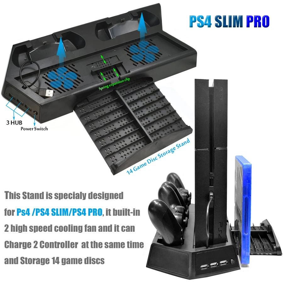 PS4 Pro ТОНКАЯ вертикальная подставка охлаждающий вентилятор кулер с двойным контроллером зарядная станция и 3 дополнительных порта концентратора для Playstation 4 PS4
