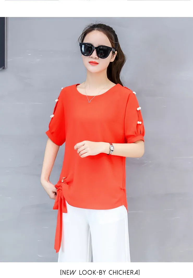 2018 New Arrival Chiffon Blouses Women Shirts Plus Size Beading Tops Female Fashion Short Sleeve O-neck Blusas Femininas  (9)