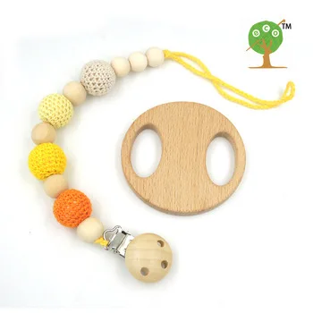 set of mint yellow orange crochet beads baby Pacifier Clip beech Round baby handle teether Dummy holder smooth wood NT171