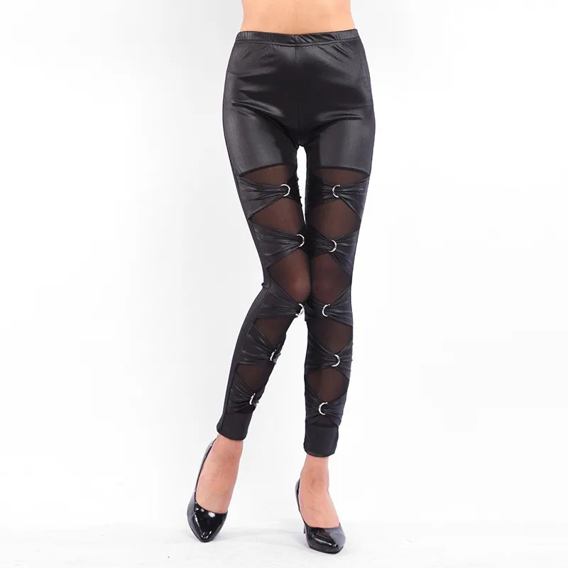 lady sexy punk rock metal leggings gothic lace up leggings night bar club ring cross legging fake leather riveet pant capri leggings