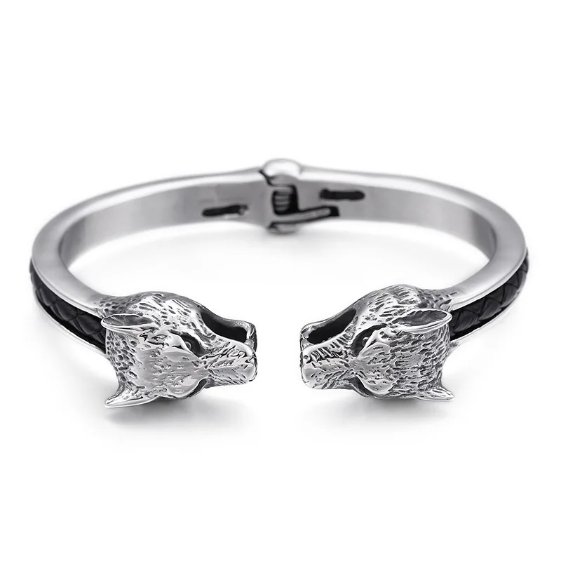 

Black Mens Braided Genuine Leather Cuff Bracelets & Bangles Stainless Steel Wolf Head Open Bangle Arm Bracelet Jewelery