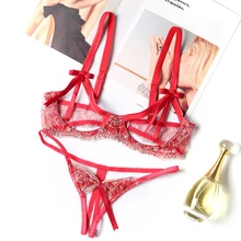 Женское нижнее белье, сексуальное, кружевное, пуш-ап, на косточках, открытый бюстгальтер и танга, костюм с цветочной вышивкой, женское нижнее белье, стринги и бра, набор