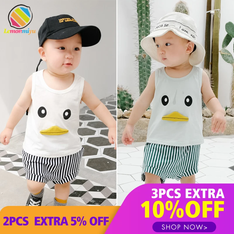 

Lemonmiyu Summer Animal Baby Sets Infants Cotton Duck Print Two-Piece Newborn Sleeveless Vest Tees and Striped Shorts Baby Suits