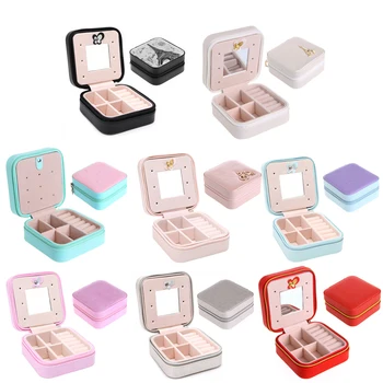 

Fashion Cosmetic Faux Leather Jewelry Box Necklace Ring Travel Storage Case Display With Mirror