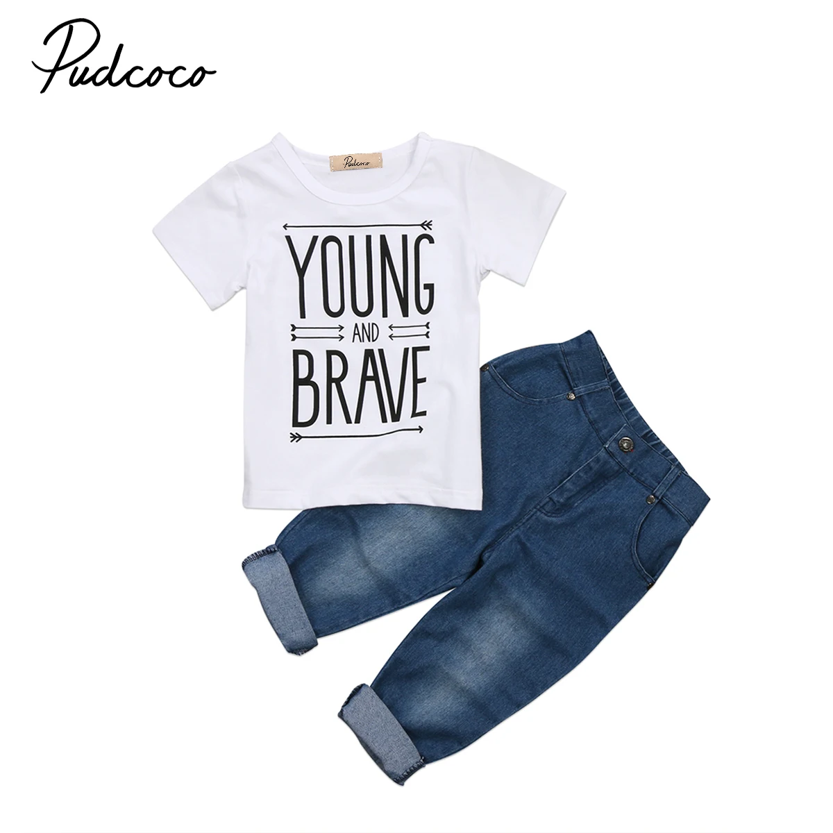 fashion kid baby boys clothes set 2017 new Letter white T shirt + denim jeans pants 2pcs kid