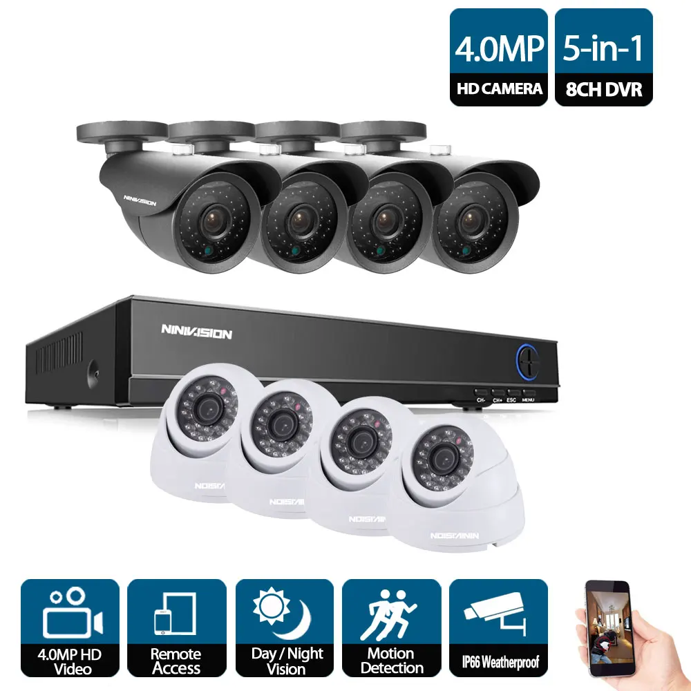 Домашний 4.0MP 8CH AHD DVR HD CCTV камера безопасности 8 шт. Крытый Открытый День Ночь ИК камеры видеонаблюдения комплект camaras de seguridad - Цвет: Черный