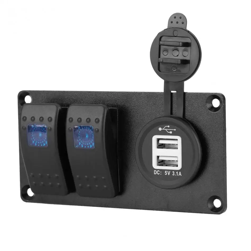 

2 Gang 12-24V Blue LED Rocker Switch Panel with 3.1A Dual USB Port for Car RV Marine Boat Rocker Switch Panel