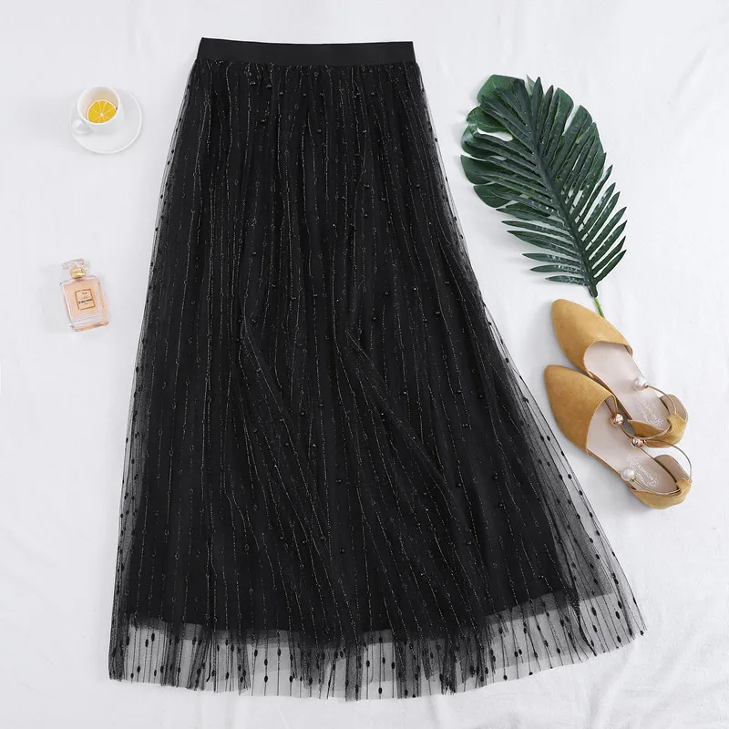 New Korean Skirts Womens Tulle Skirt Beaded Fashion Wild Big Swing Star Mesh Skirt High Waist Pleated Saias Plus Size - Цвет: Black