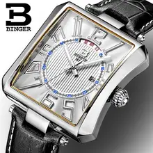 Швейцарские мужские часы Бингер люксовый бренд Tonneau Кварцевые водонепроницаемые наручные часы с кожаным ремешком B3038