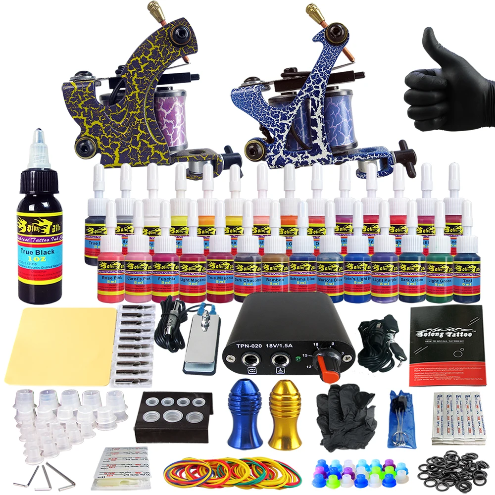 

Professional Tattoo Kit 2 Tattoo Machine Set Guns 28 Color Ink Powe Box TK204-36