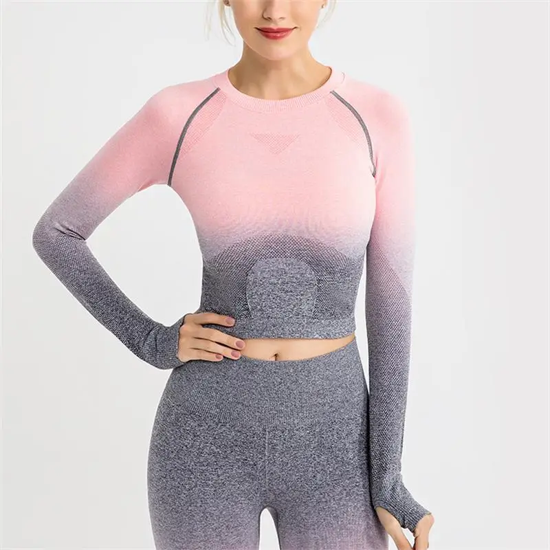 LAISIYI Women Fitness Set Gym Clothing Ombre Seamless Leggings+Cropped Shirts Workout Sport Suit Women Long Sleeve Active Wear - Цвет: Top-002