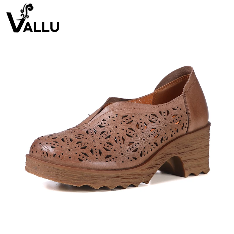 

2018 Women' s High Heel Shoes Calf Leather Lady Pumps Fretwork Slip On Block Heel Round Toe Female New Design Shoes