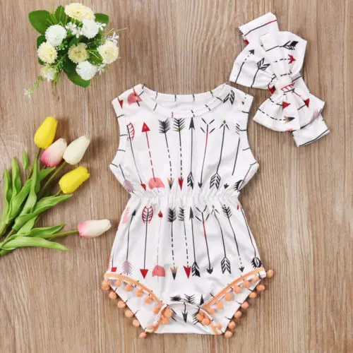 

Newborn Baby Girls Sleeveless Arrow Bodysuit Jumpsuit + Headband Outfits Clothes