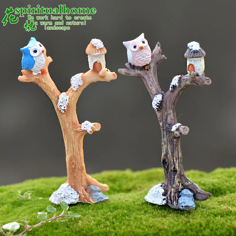 2pcs/lot resin tree with owl and house 8.6cm fairy garden gnome moss terrarium decor crafts bonsai home for DIY | Украшения и