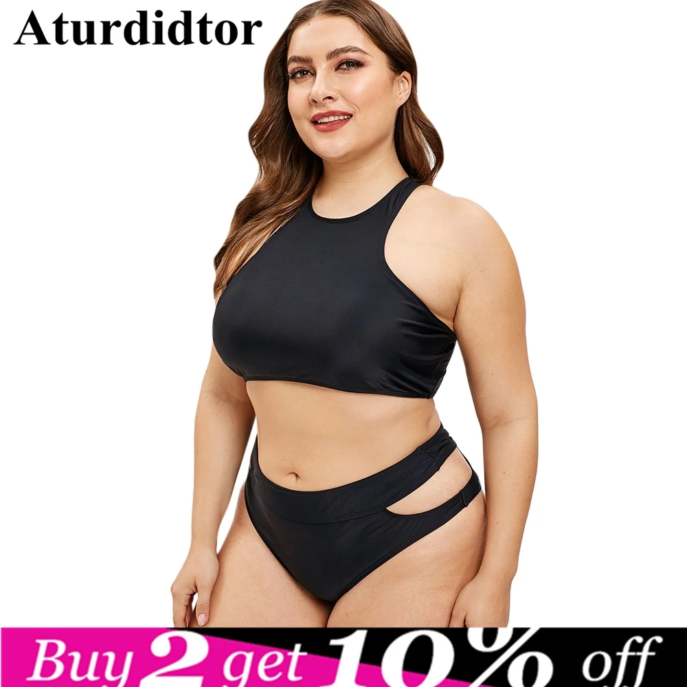 

Plus Size Cut Out Racerback Bikini Set Sexy Large Swimwear Women Push Up Swimsuit Big Size Two Piece Black Swim Suit Beachwear